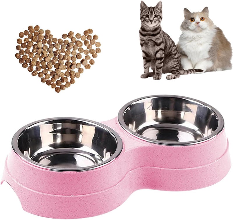 AKEISHE Double Cat Food Bowl -Stainless Steel Bowls with Easy-to-Clean Detachable Design, Non-Slip Base, Pet Feeder for Kittens and Medium (Pink) - Image 1